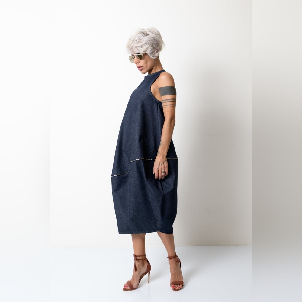 NWOT-Lócker Room Balloon Denim Dress with Zipper Details,Sz.M   B1z
